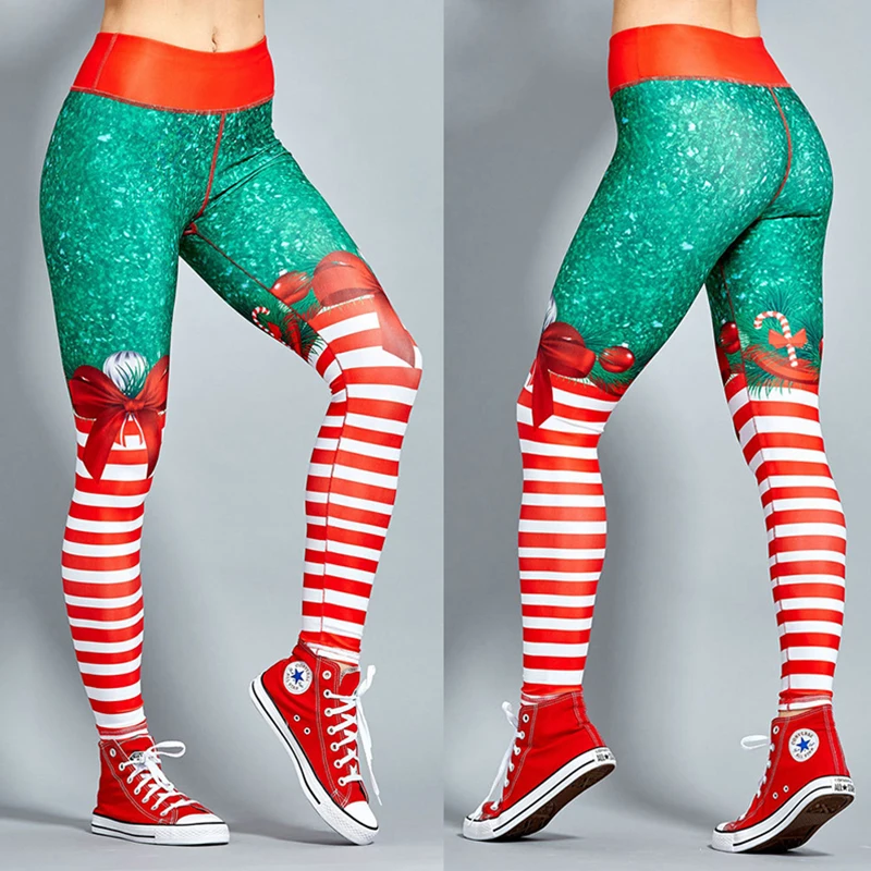 Женские брюки с высокой талией и рождественским принтом эластичные облегающие