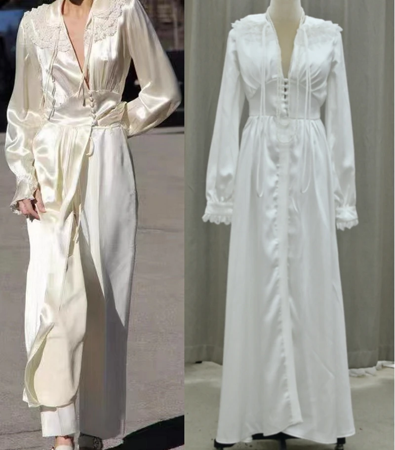 

#3159 100% Real Photos Victoria Vintage Special Design Long Sleeve Satin Soft Ivory Bridal Gown Wedding Dress