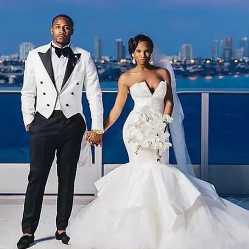 JELTONEWIN Fashion Men Suits White Tailcoat Smoking Jacket With Black Pants Groom Tuxedos Wedding Dress Bridegroom Best Man Suit