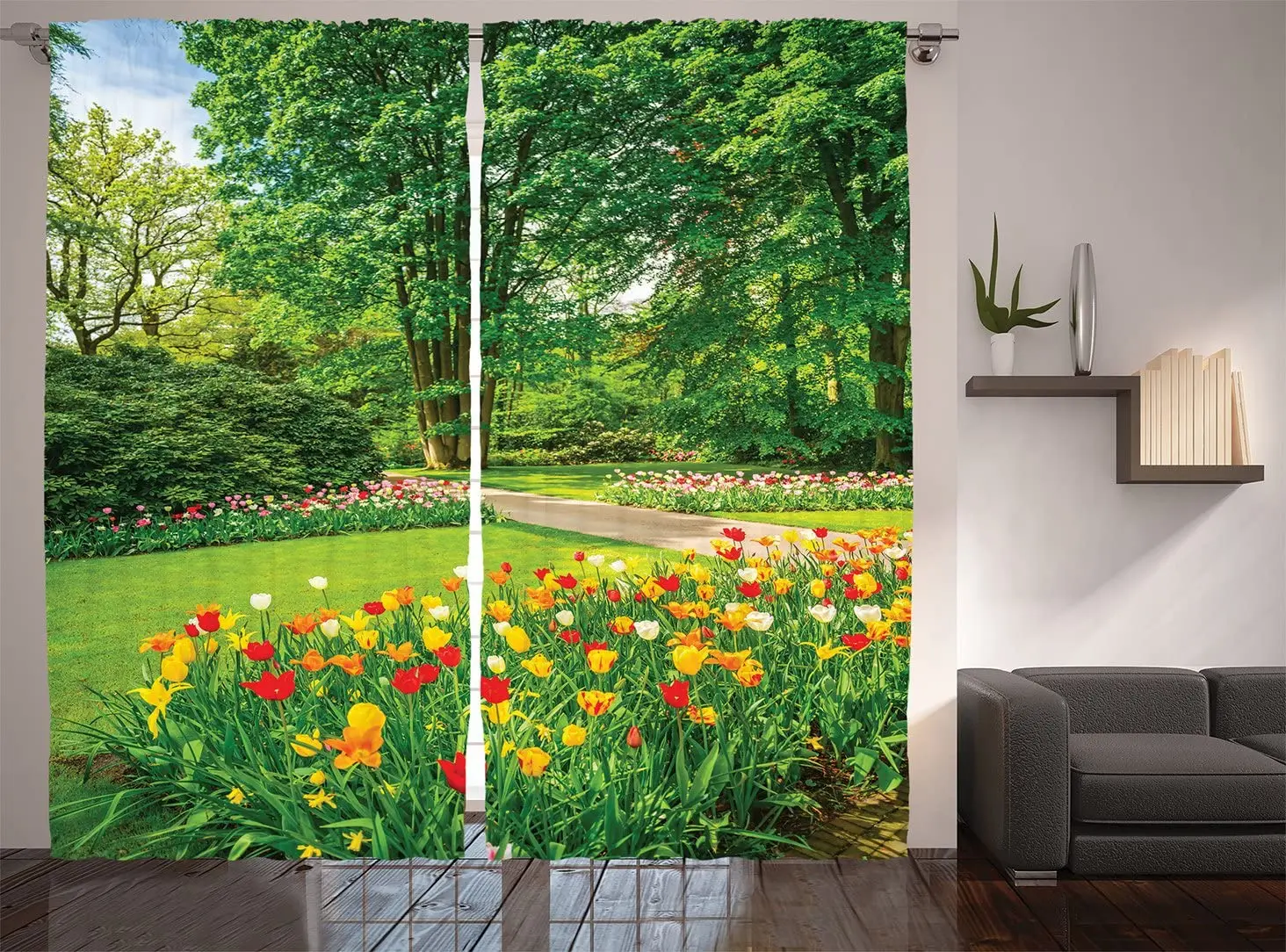 

Garden Curtains Garden in Keukenhof Colorful Tulip Flowers and Trees Foliage Spring Season Window Drapes for Living Room
