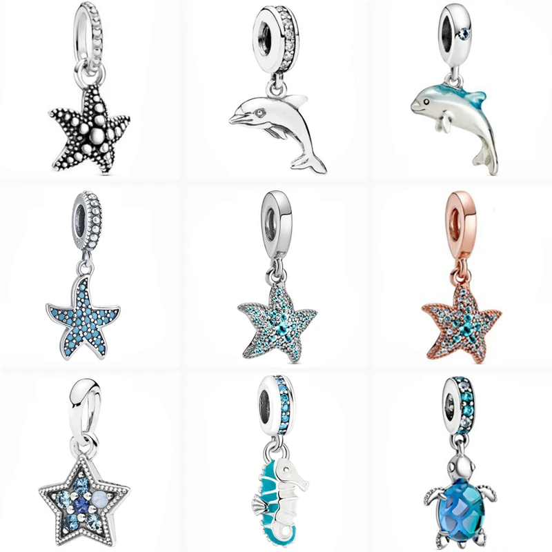 925 Silver Sky Blue Series Starfish Dolphin Turtle Sea Animal Pendant Beads Fit Original Brand Charms Bracelet Women Jewelry