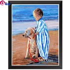 Алмазная живопись Стразы сделай сам, Круглая Мозаика для вышивки крестиком Маленький мальчик и собака, Пляжное украшение для дома