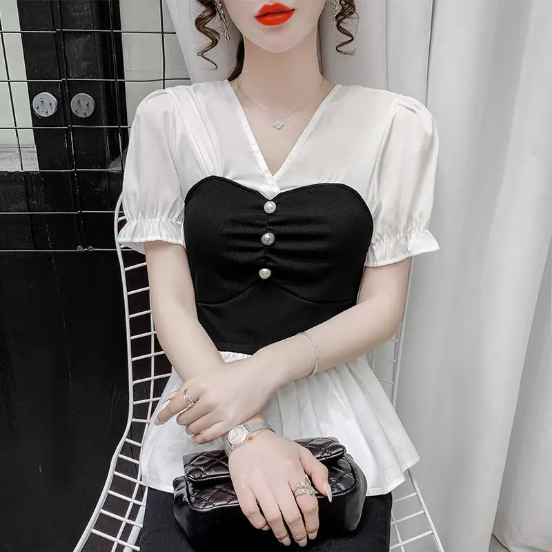 

2021 Summer New Women Vintage V-neck Puff Sleeve Blouse Elegant Front Buttons Slim Waist Chiffon Shirt Female Casual Blouse Q407