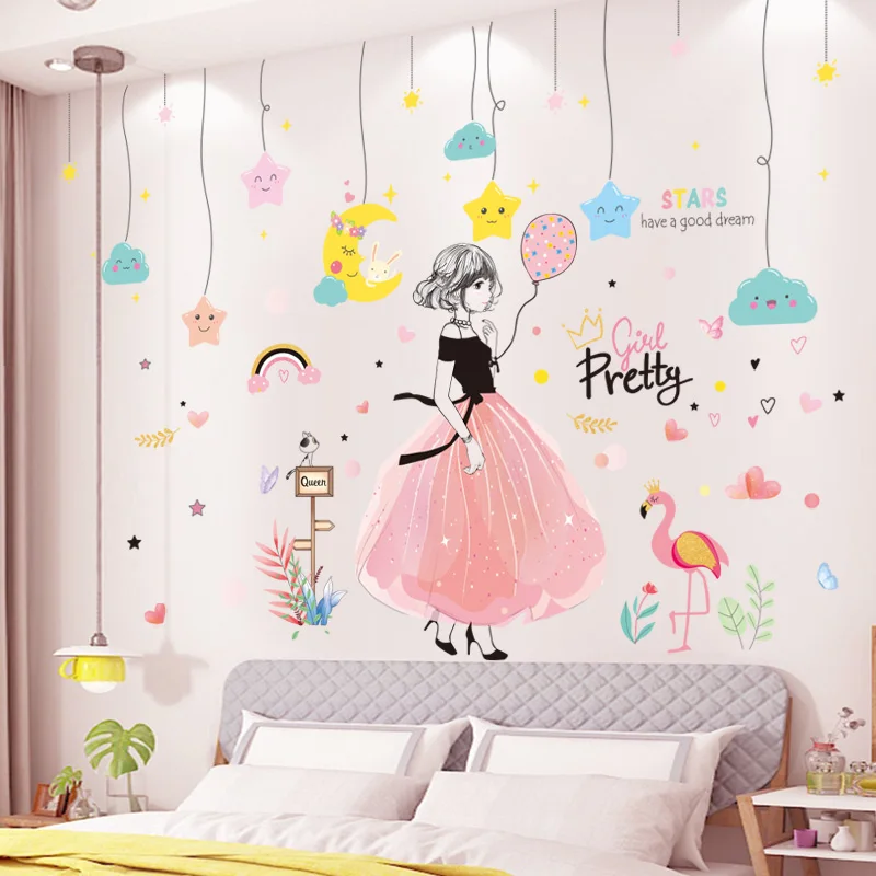 

[SHIJUEHEZI] Cartoon Girl Wall Sticker DIY Clouds Stars Mural Decals for Kids Room Baby Bedroom Children Nursery Home Decoration