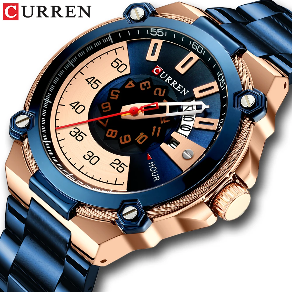 

Часы наручные CURREN Мужские кварцевые, брендовые Роскошные модные спортивные водонепроницаемые полностью стальные, синие, 2021