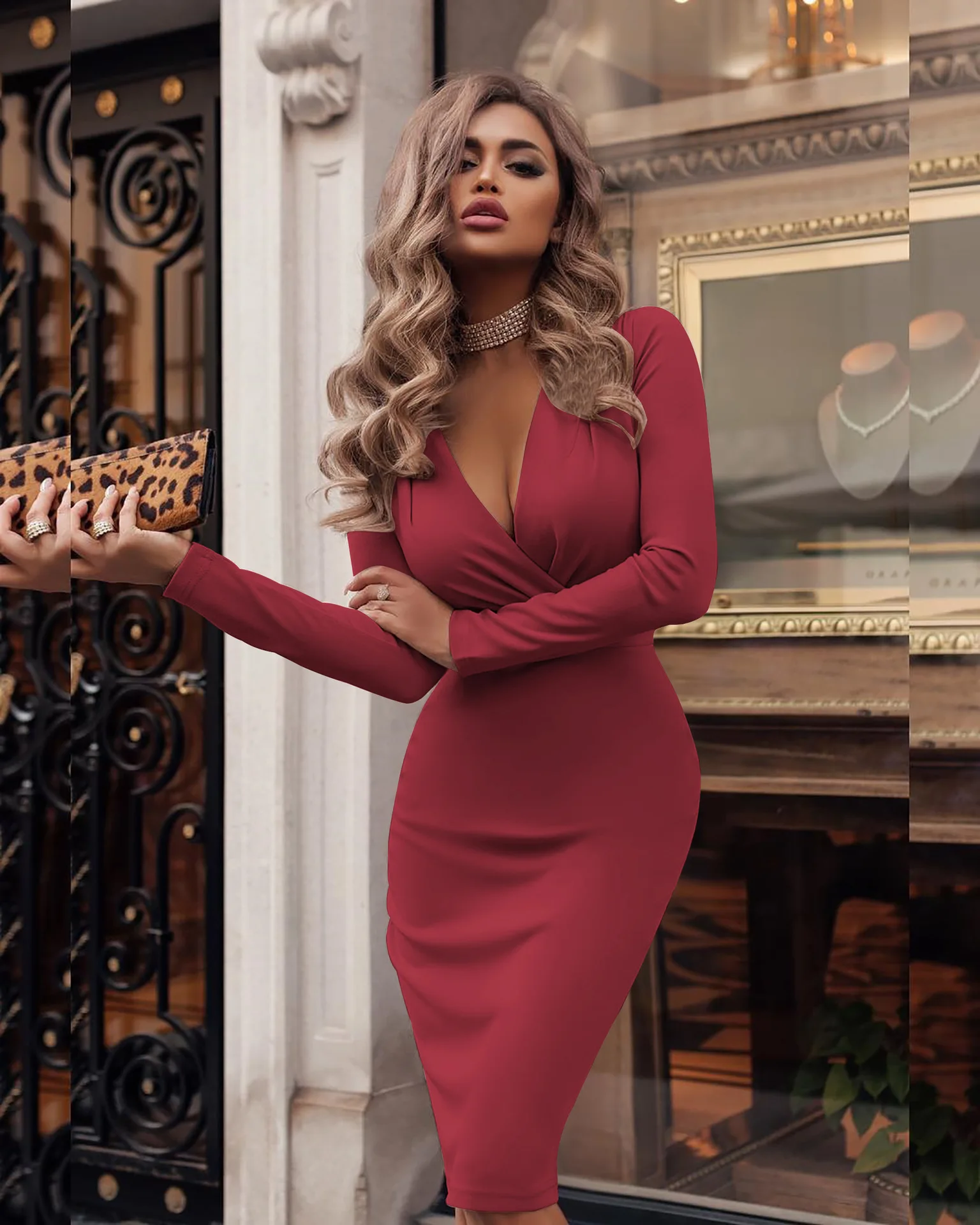 Модные женские туфли с длинным рукавом повязку стрейч Bodycon плотная Глубокий V