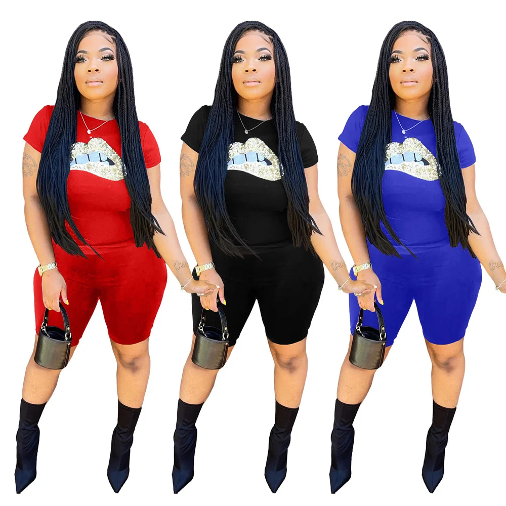 

Sparkly Sequin Mouth Spliced Short Sleeve T-shirts and Workout Biker Short Casual Summer Women Solid Sporty Two Piece Tracksuit