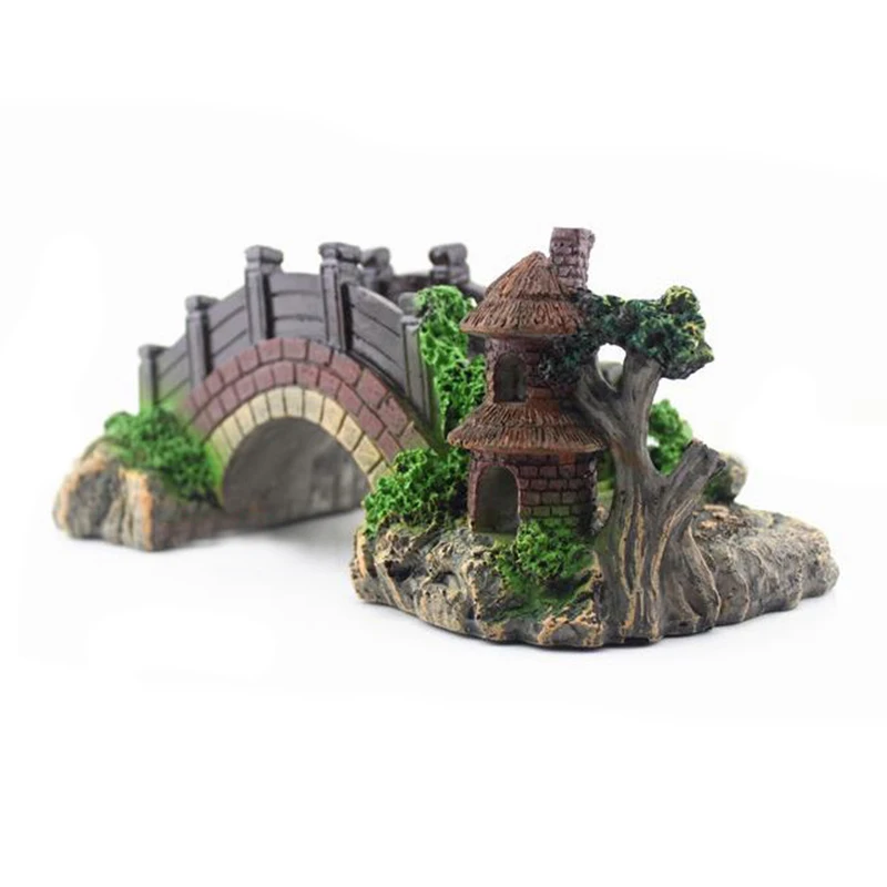 

New Aquarium Decoration Bridge Rockery Fake Rock Bridge Landscape Pavilion Tree For Fish Tank Resin Ornament Decoration
