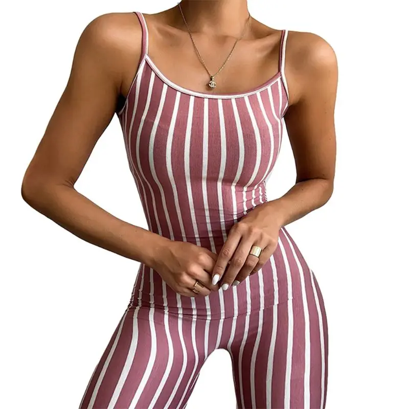 

Women Spaghetti Strap Bodycon Jumpsuit Vertical Stripes Sling Shorts Playsuit MXMA