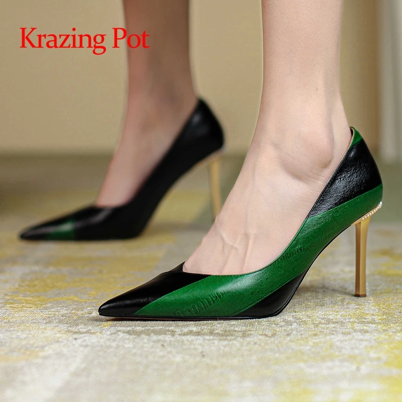 

Krazing Pot cow leather pointed toe stiletto super high heels mixed colors beauty lady catwalk slip on mature women pumps L35