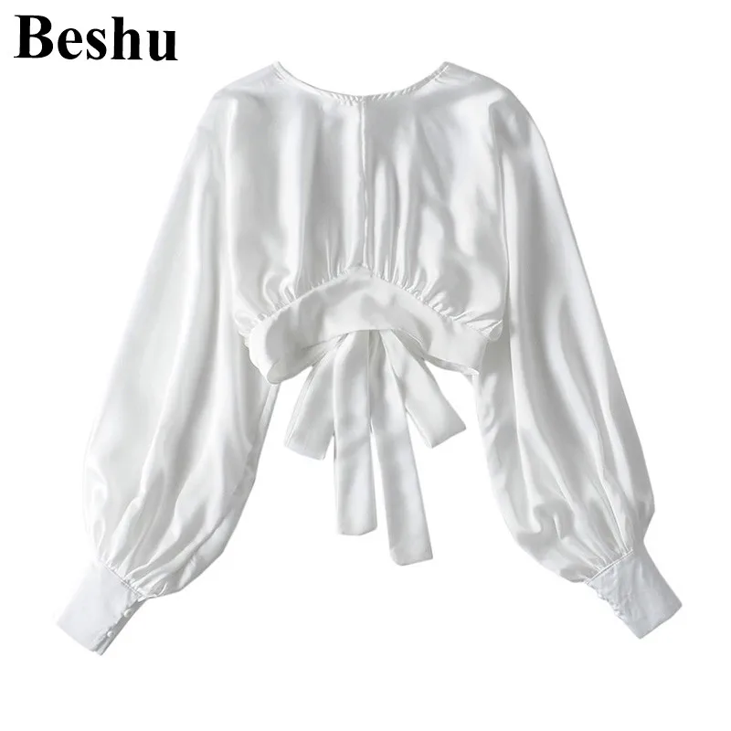 Za 2020 модная женская белая блузка с круглым вырезом и Сатиновыми складками