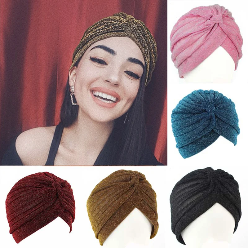 Индийская женская шапка-тюрбан с блестящим серебристым золотым узлом, осенне-зимний теплый головной убор, Повседневная Уличная Женская индийская шапка