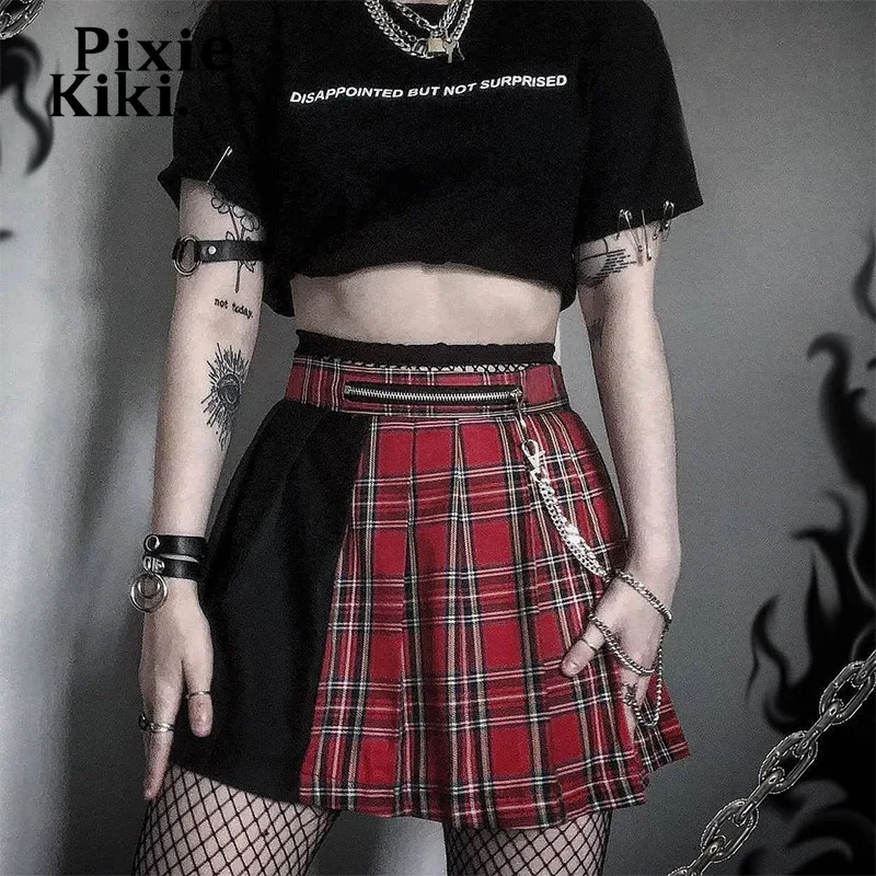 Юбка-мини в готическую клетку PixieKiki красная плиссированная юбка с цепочкой стиле
