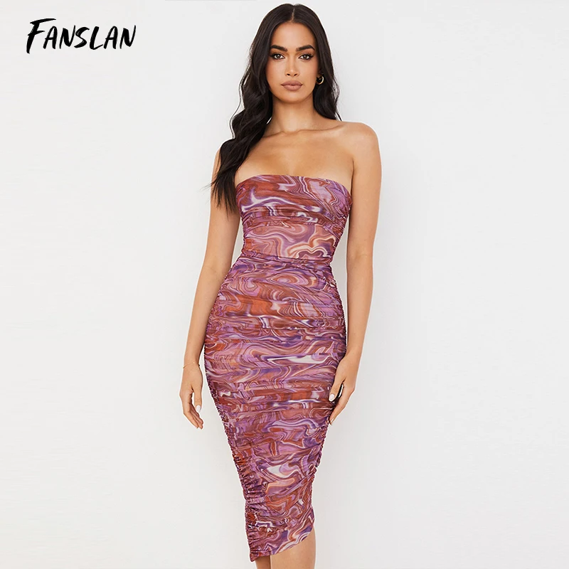 

Fanslan Summer Print Midi Dress Women Double Layer Mesh Sexy Bodycon Strapless Sexy Party Wrap Ruched Dresses Casual Vestidos