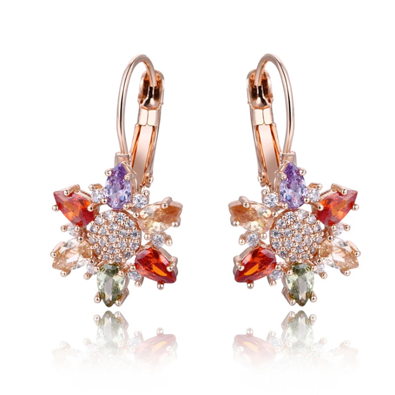 

HUAMI Boutique Exquisite Earrings AAA Zircon Crystal Plated 18k Rose Gold Flower Earrings Girl Sisters Gift Hoop Earrings