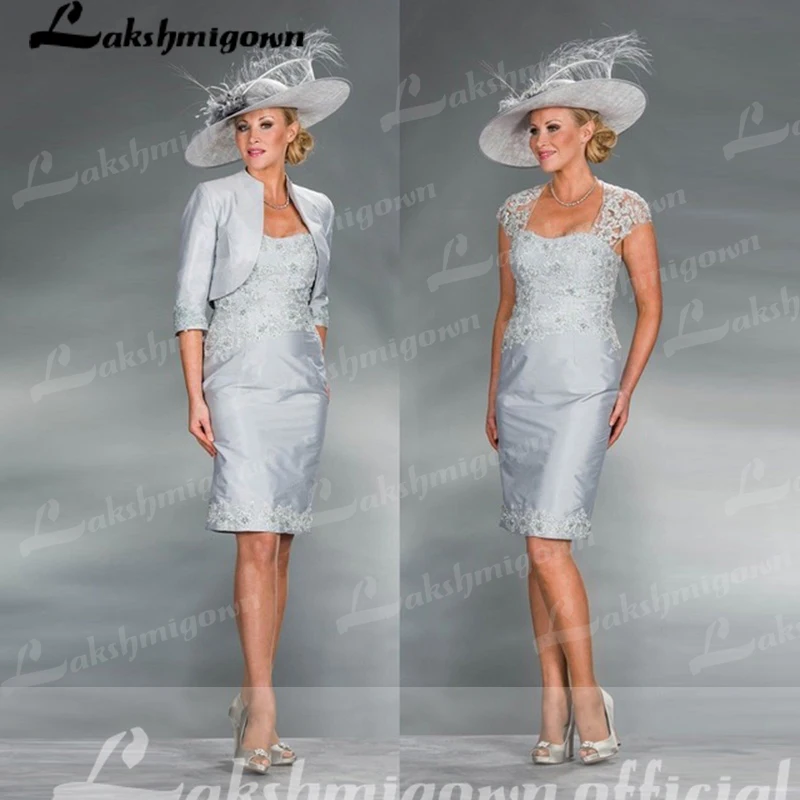 

Elegant Two Pieces Silver Mother of the Bride Dresses with Jacket Lace Cap Sleeves Wedding Party Dresses Knee Length