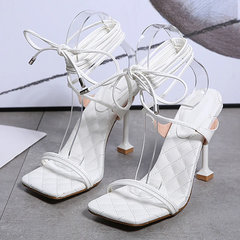 

Босоножки женские на высоком каблуке 12 см, сандалии-гладиаторы с квадратным носком, на шнуровке, вечерние классические туфли, Размеры 35-42, бе...