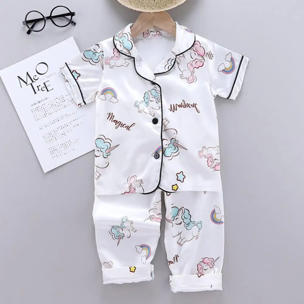 Пижама для девочек шелковая с принтом единорога штаны ночная рубашка От 1 до 10 лет