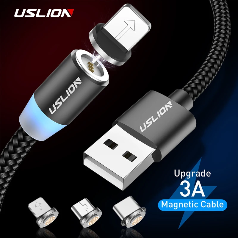 USLION 2M 3A Магнитный кабель Micro usb type C Быстрая зарядка для iPhone X XR XS 8 7 samsung S10 Xiaomi Магнитный кабель для зарядки телефона