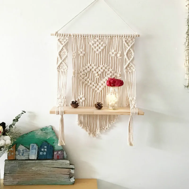 

Wooden Double-layer Macrame Wall Hanging Shelf Partition Frame Decoracion Hogar Basket Plant Holder Flower Basket Boho Decor