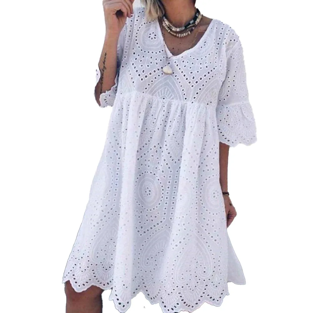 

Western Style Casual Women's Dress Spring Summer Fashion Loose Simple Designer Solid Color Hollow Out Lace Flared Sleeves