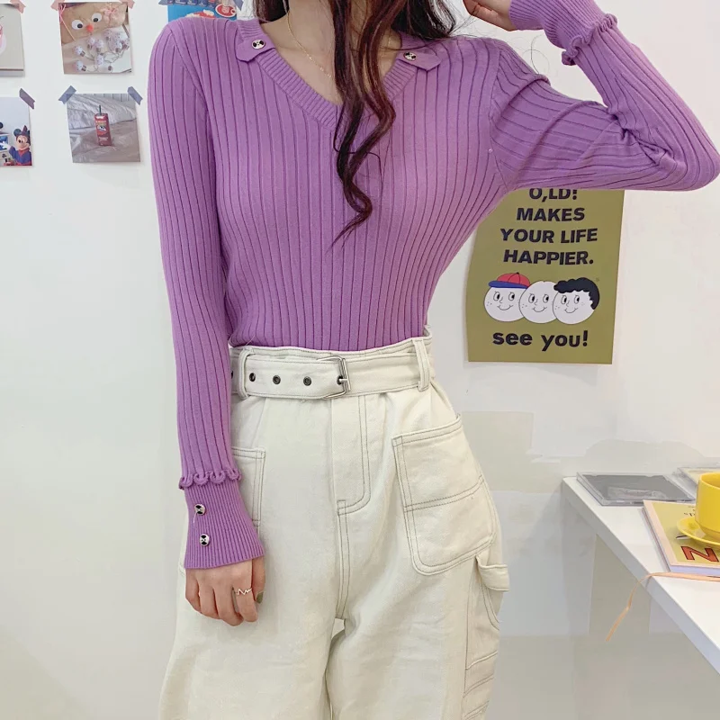 Свитер женский с V-образным вырезом однотонный в полоску 2021 | Женская одежда