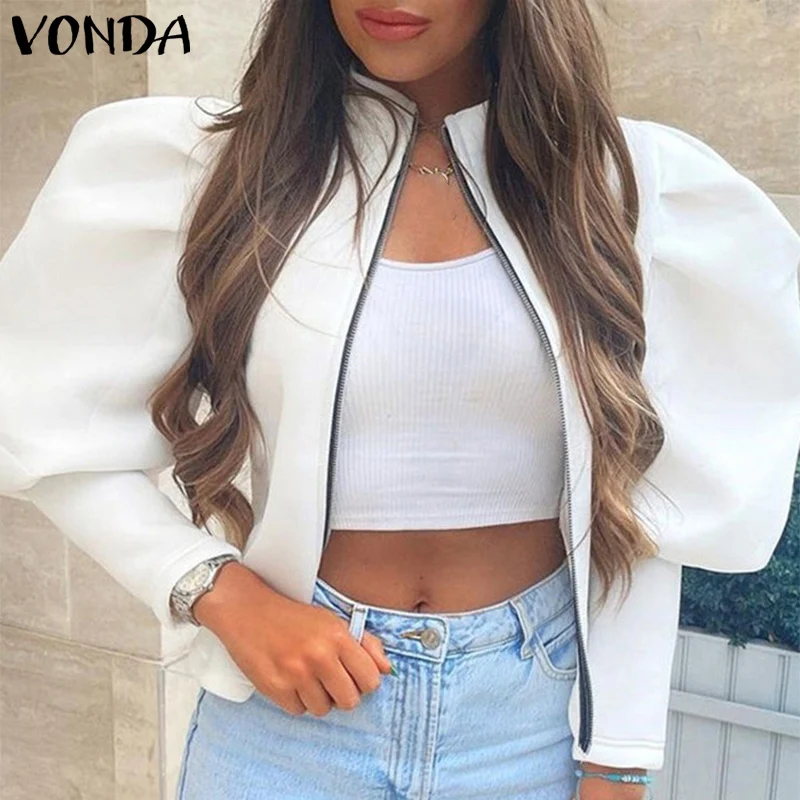 

VONDA Women Stylish Short Jackets Casual Autumn Gigot Sleeve Zip-up Stand Collar Coats Spring Autumn Outerwear Veste Femme