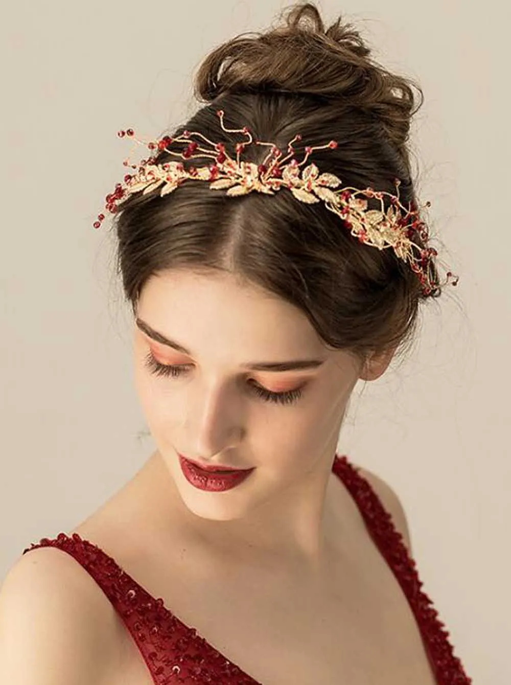Свадебный головной убор с красными бусинами и кристаллами повязка на голову