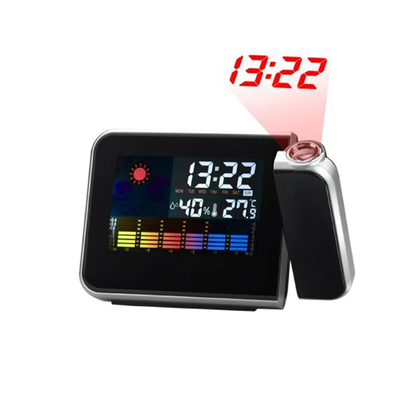 

Проекционный будильник с цифровыми часами, термометром, датой и цветным экраном