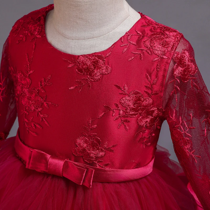 

Flower Girls Dresses Luxury Red Bow Full Lace Ruched Embroidery Ball Gown O-Neck Knee-Length Cute Kids Party Princess Skirt F101
