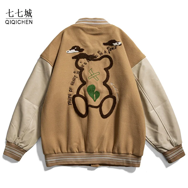 

High Street Baseball Jacket Men Women Bear Embroid Hip Hop Oversize Bomber Jacket Unisex Casual Varsity Coat Autumn Spring 2021