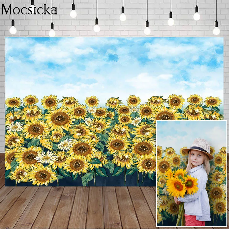 

Sunflower Flower Field Photography Backdrop Blue Sky Clouds Oil Painting Style Child Birthday Portrait Background Photo Studio
