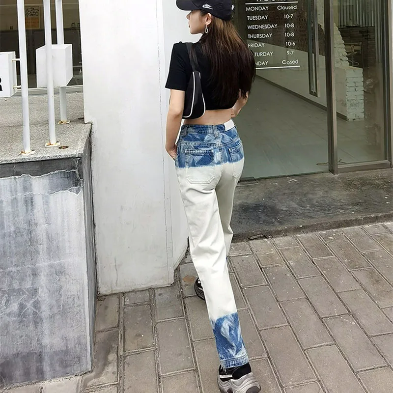 

2021 New Tie Dye Denim Trousers Waist Bag Patched Pantalones De Mesclilla Para Mujer Washed Straight High Waisted Jeans Women