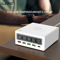 ilepo 5 ports qc3 0 usb type c pd 65w power adapter lcd qi wireless charger cellphone fast charger station for laptop tablet