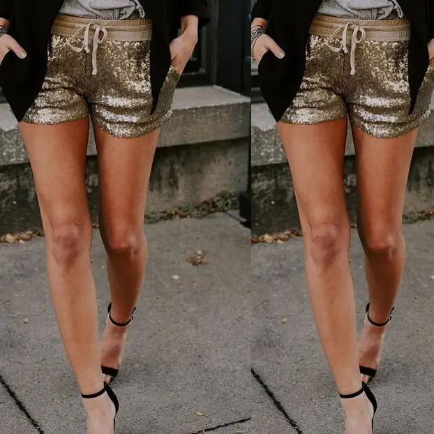 2020 летние Для женщин шорты расшитый пайетками для офиса эластичная резинка на