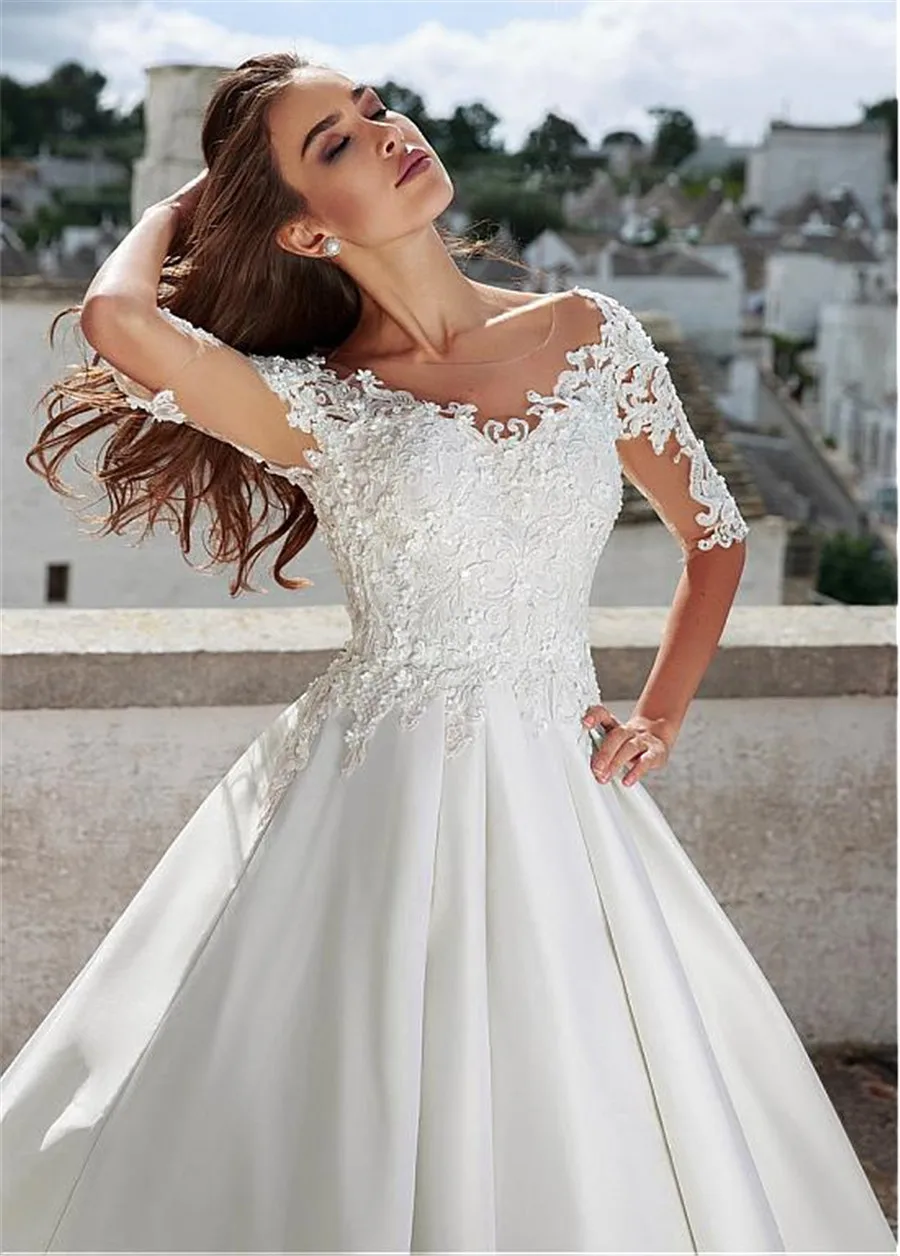 

Simple Soft Satin Wedding Dresses 2021 Custom Made O-Neck Bridal Dress Half Sleeve Appliques Lace Wedding Gown Vestidos De Noiva