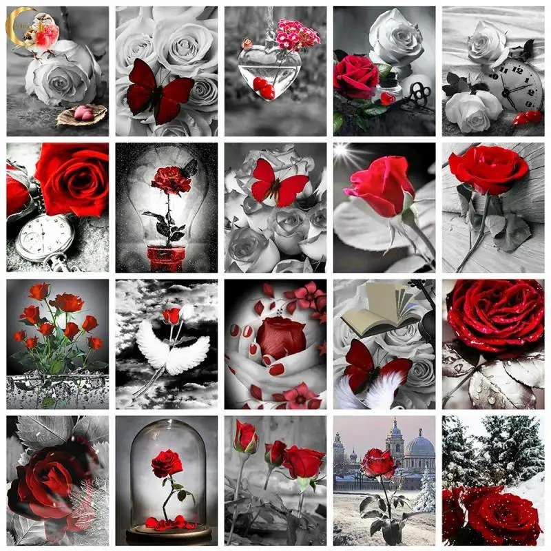 

5D Diamond Painting Flower Rose Diamond Embroidery Black and White Mosaic Picture of Rhinestone Home Decor Handmade Gift