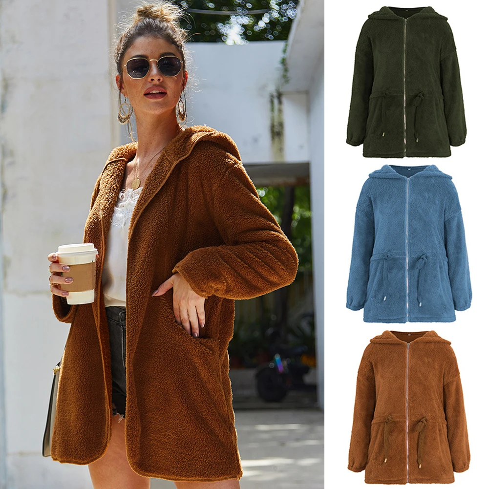 

Outwear Elegant Long Sleeve Solid Zipper Party With Pockets Drawstring Waist Thick Hooded Street Women Plush Jacket Warm Causal