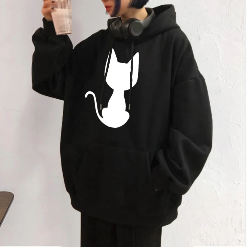 Fashion Women Sweetshirts Hoodie Cute Zipper Cat & Black Cat Print Hooded Tops Harajuku Female Pullover Hoodies
