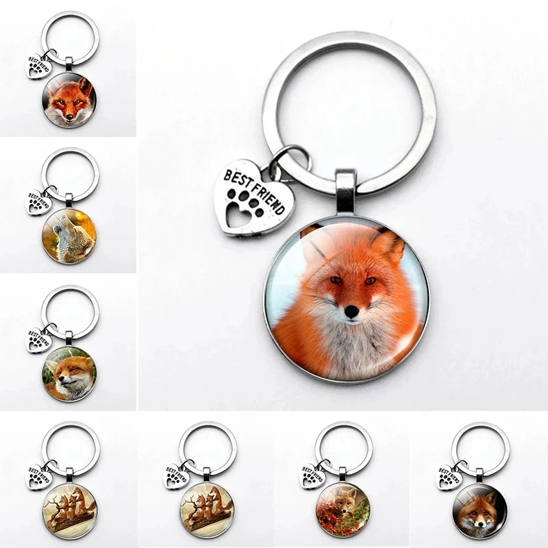 

Designer Key Chain Cute Fox Picture Glass Cabochon Fashion Key Chain Animal Car Key Chain Pendant Metal Key Ring Children'S Chri