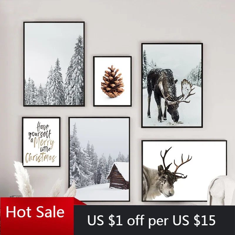 Фотообои с изображением зимнего леса лосят Рождественская картина в