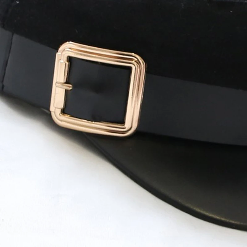 

Fashion Female Beret Wool Pu Leather Patchwork Newsboy Caps Beret With Belt Women Black Military Hats Autumn Winter