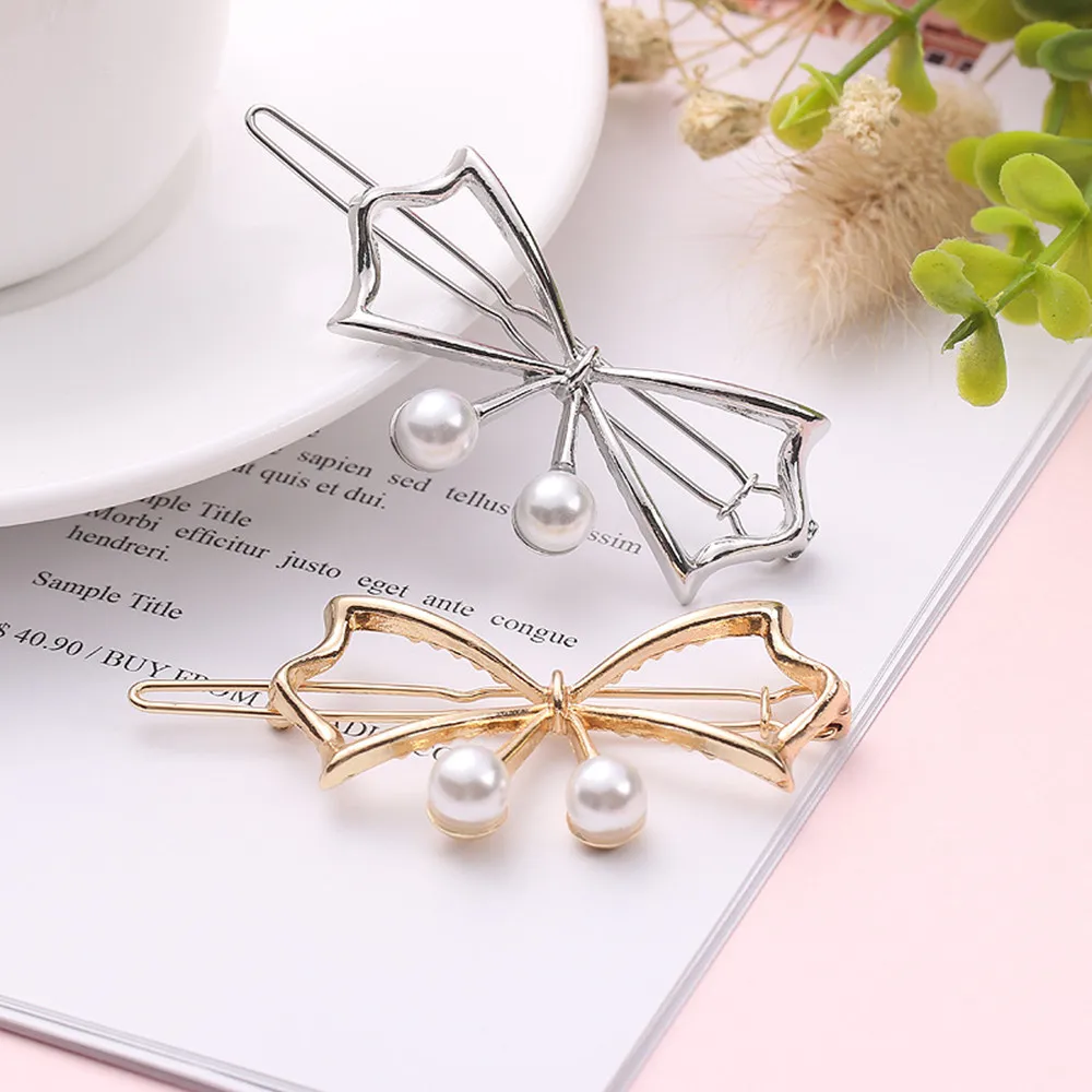 Женская ажурная заколка для волос металлическая шпилька с жемчугом и бабочкой