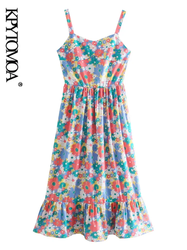 

KPYTOMOA Women Fashion Floral Print Ruffled Midi Dress Vintage Backless Elastic Waist Wide Straps Female Dresses Vestidos Mujer