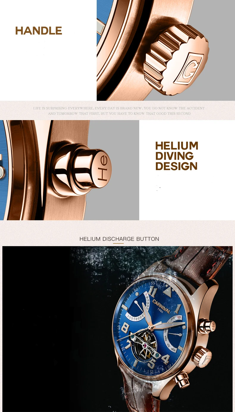 Tourbillon, мужские часы, розовое золото, чехол, синий циферблат, карнавал, автоматические часы, мужские, люксовый бренд, механические часы, Мода