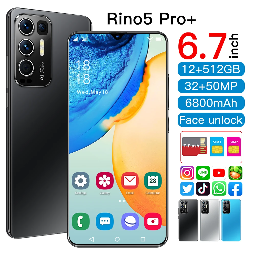 Сотовый телефон Rino5 Pro 6 7 дюйма 128/256 ГБ 16 + 32 МП 10 ядер отпечаток лица Android MTK6889 |