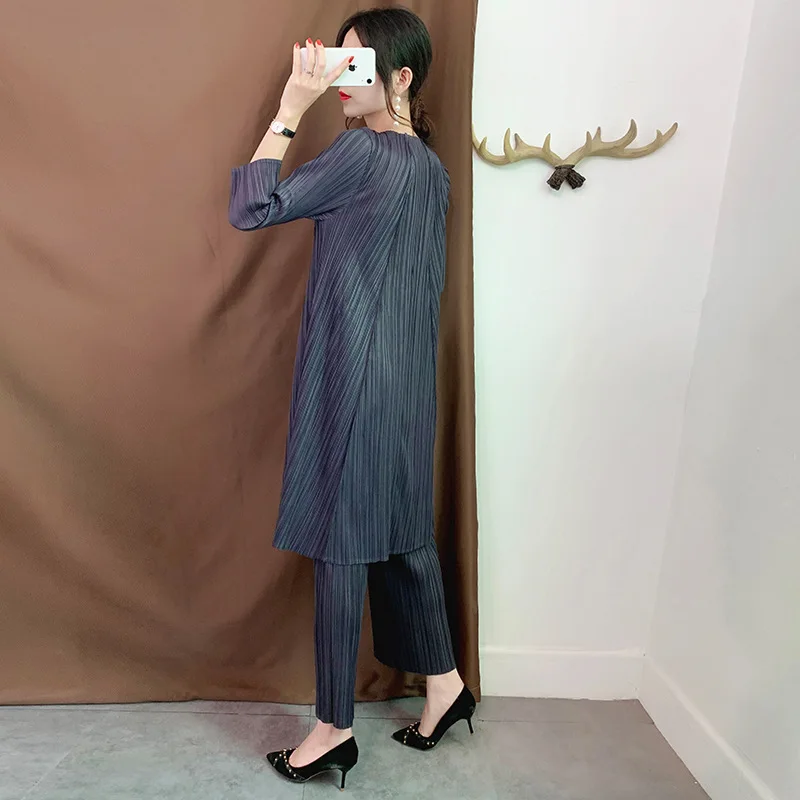 Женский плиссированный пуловер топы брюки костюм со складками Осенний Модный