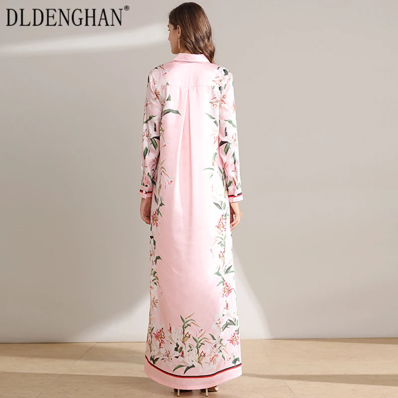 

DLDENGHAN Elegant lily Print Straight Maxi Dresses Turn-down Collar Long Sleeve Split Loose Robe Dress Designer Autumn New