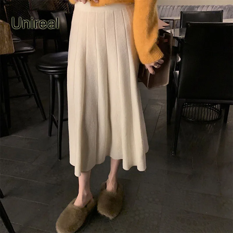 

Женская трикотажная юбка Unireal, нежная шикарная эластичная винтажная повседневная юбка с высокой талией для зимы 2022