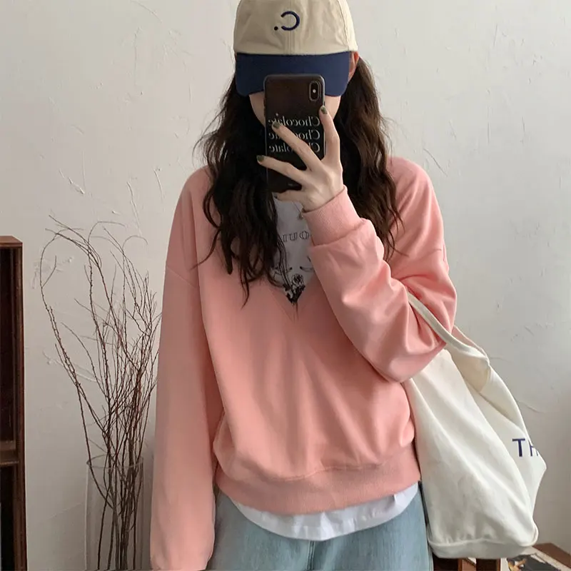 

6Candy colors 2022 autumn and winter korean style V neck Casual womens sweatshirts female pullovers (X2178)